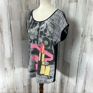 Tricotto Women's Gray Print Scoop Neck Knit Front Short Sleeve Shirt Top Tunic M